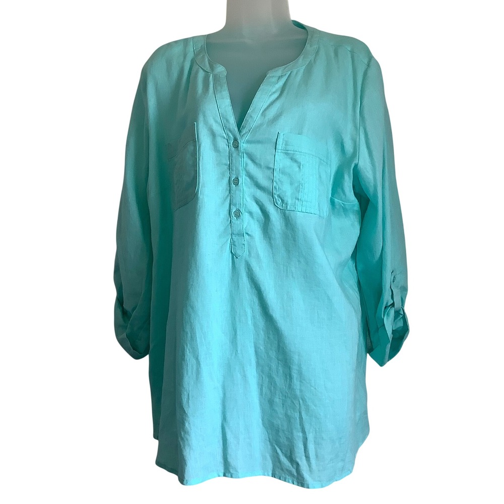 Emily Daniels Aqua Linen Blend Roll Tab Sleeve Henley Tunic Top XL Turquoise